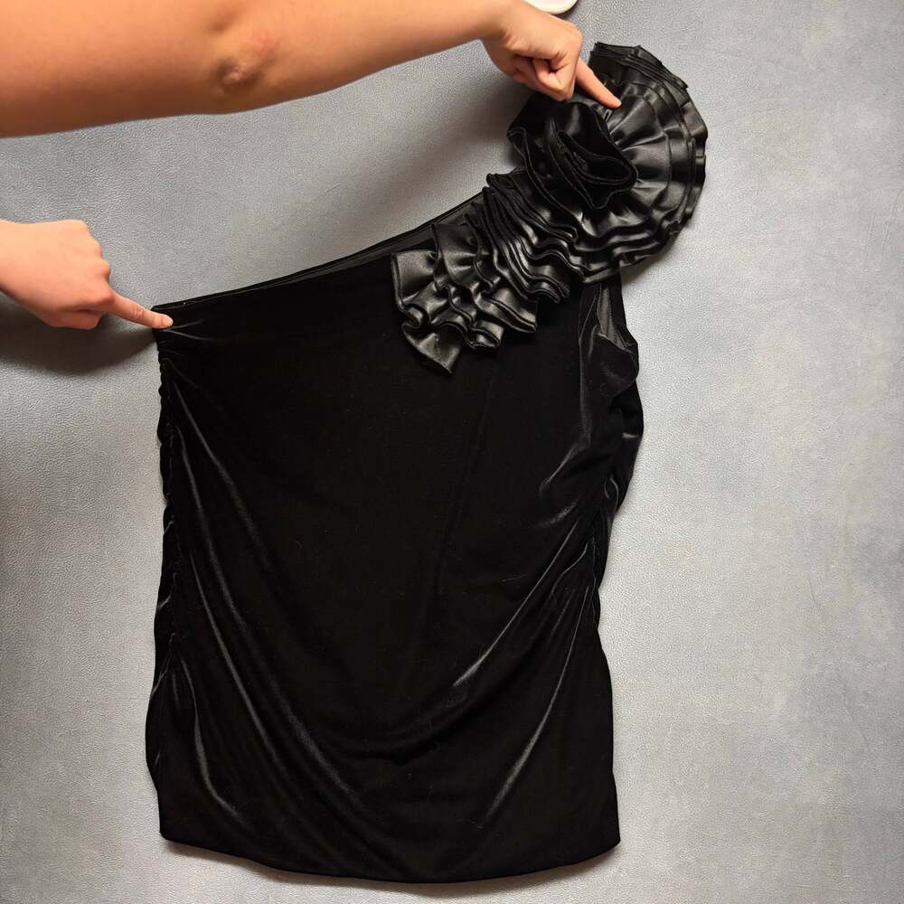 Dressbarn Womens L Black Velour One Shoulder Ruffle Cocktail Party Dress